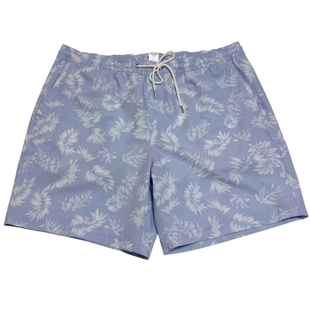 Nordstrom Mens Blue Seersucker Swim Shorts XL 7" Inseam Leaf Print